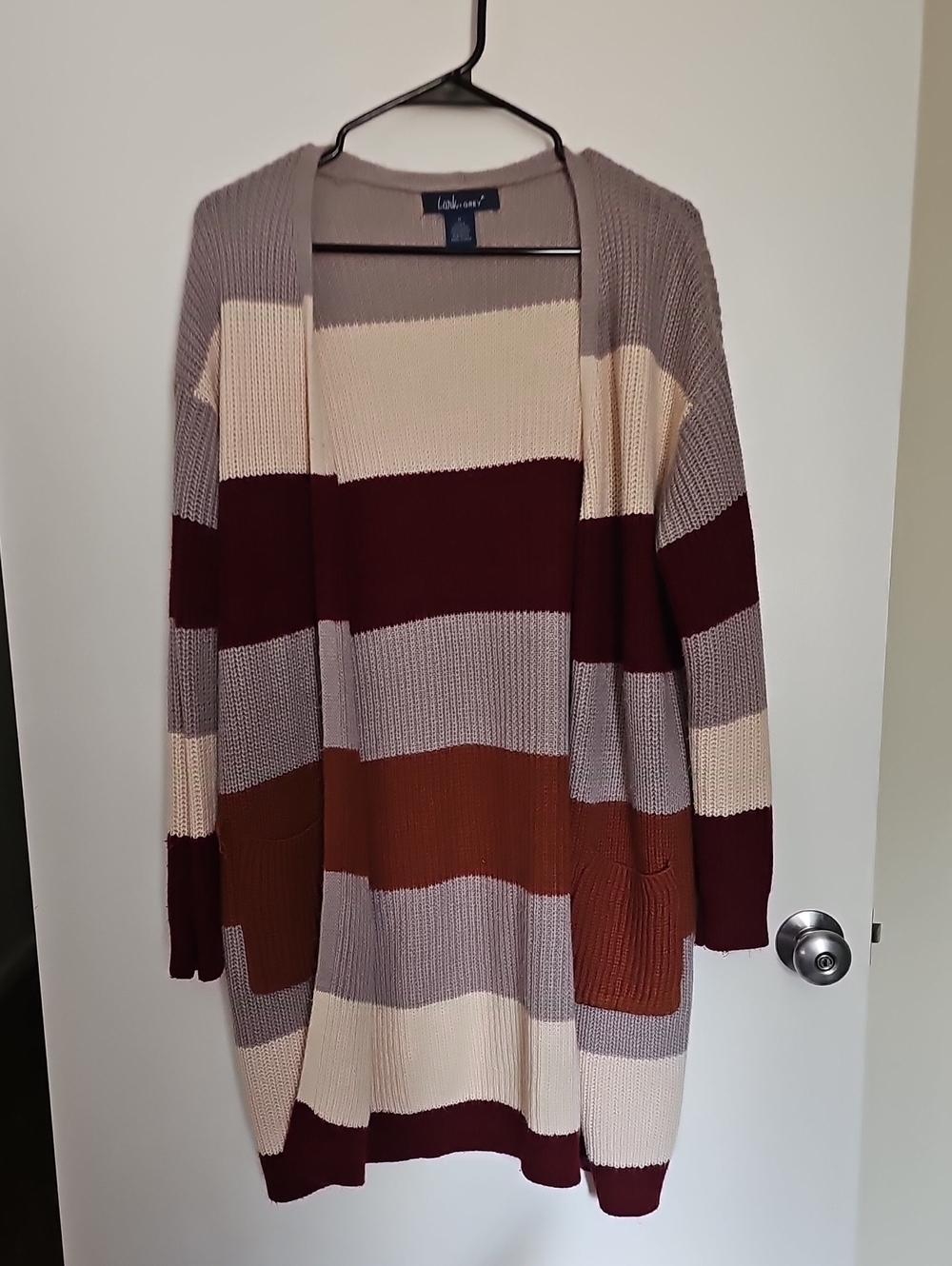 Lush & Co. Striped Open-Front Cardigan in Cream, Taupe, Burgundy & Rust